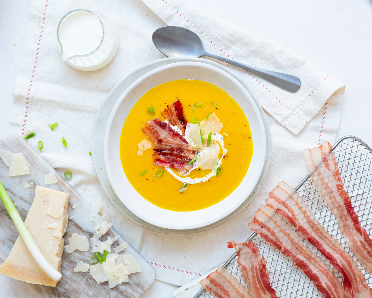 Soupe carotte-patate douce & crispy bacon