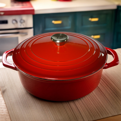 Round red cast iron casserole dish in a kitchen