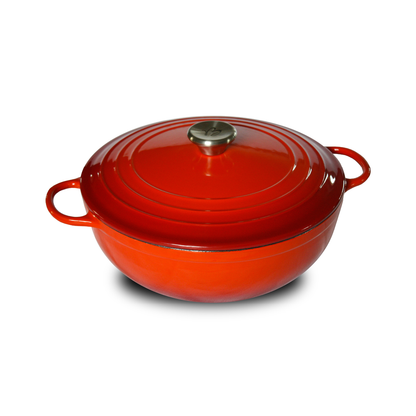 Round red cast iron casserole dish